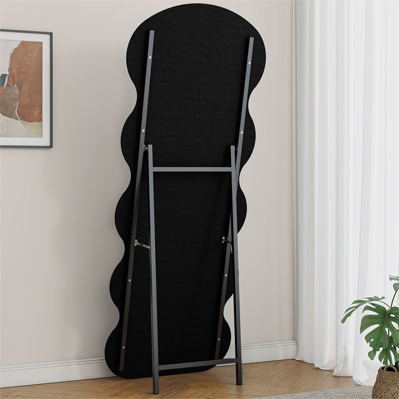 White Wood Flannel Wave Full Length Floor Mirror with Stand for Bedroom
