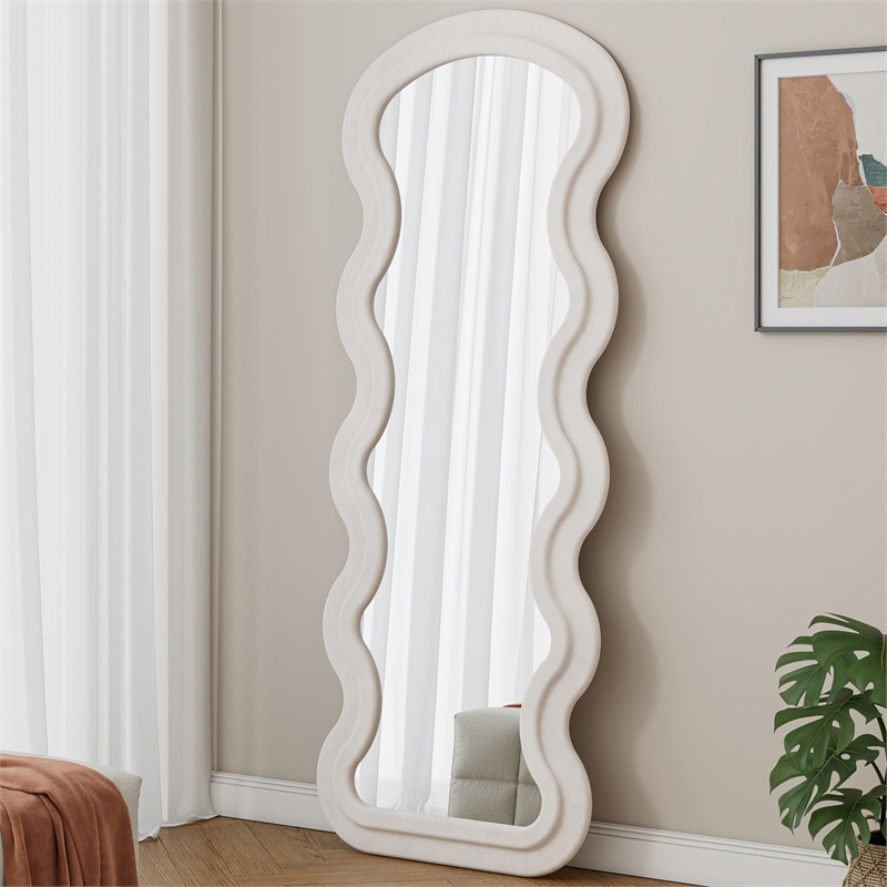 White Wood Flannel Wave Full Length Floor Mirror with Stand for Bedroom