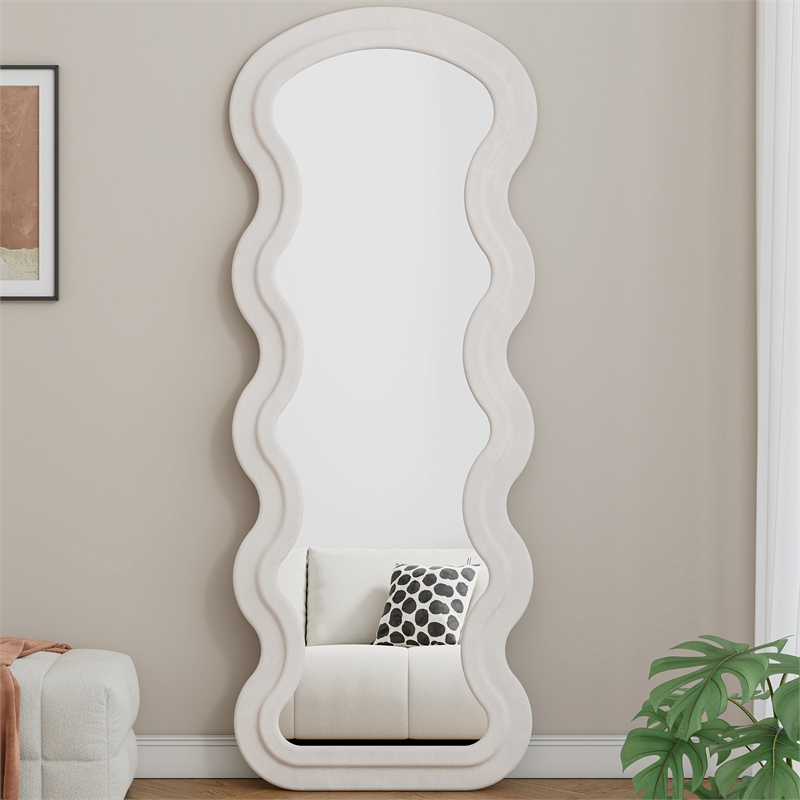 White Wood Flannel Wave Full Length Floor Mirror with Stand for Bedroom