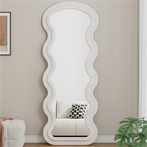 White Wood Flannel Wave Full Length Floor Mirror with Stand for Bedroom
