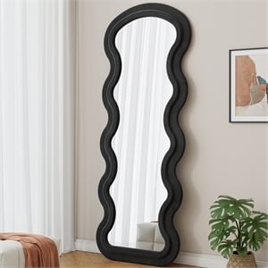 Full Length Black Flannel Wave Floor Mirror with Wood Stand for Bedroom