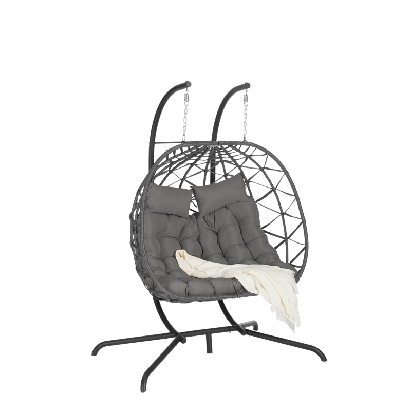 Gray Rattan Double Egg Chair with Stand and UV Resistant Cushions