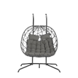 Gray Rattan Double Egg Chair with Stand and UV Resistant Cushions
