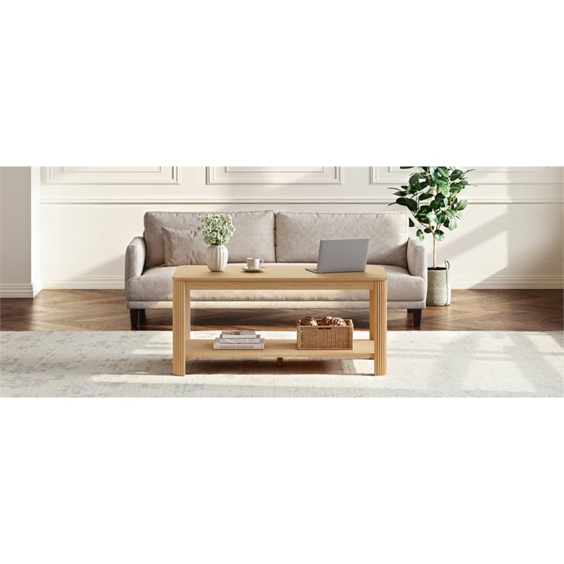 Arc Corner Wood Coffee Table with Storage Shelf  natural