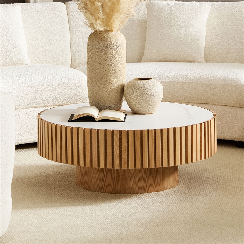 Modern Round Sintered Stone Coffee Table 35.43 Drum Table Oak Finish