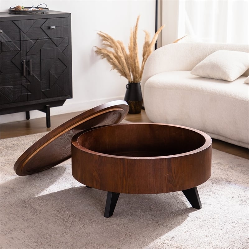 30.7  Round Coffee Table with Hidden Storage Walnut Wood  Black Legs