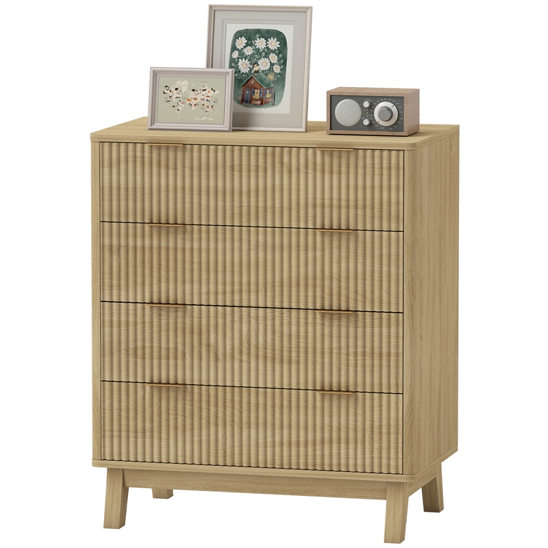 4-Drawer Fluted Dresser Natural Solid Wood Chest with Gold Pulls