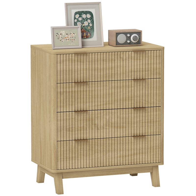 4-Drawer Fluted Dresser Natural Solid Wood Chest with Gold Pulls