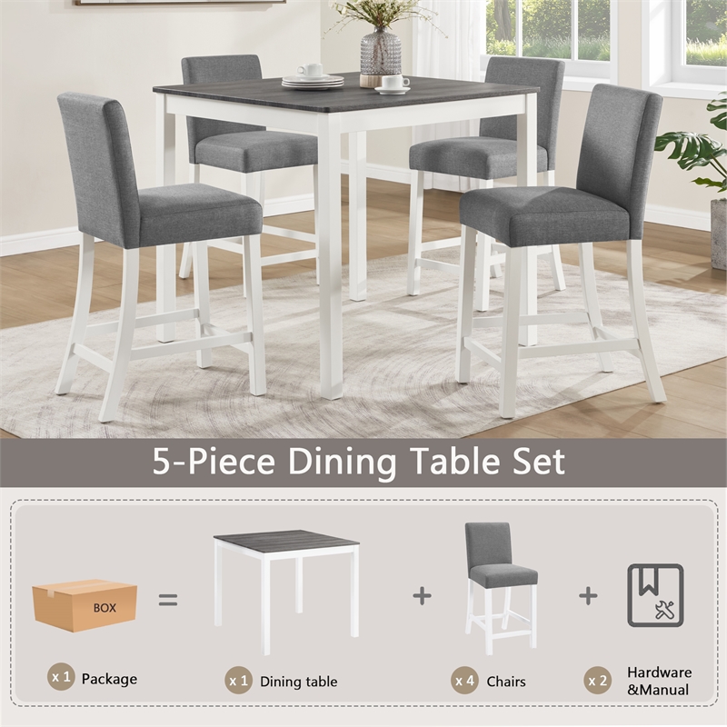 5 Piece Dining Table Set with 4 Upholstered Chairs Grey White Rubber Wood