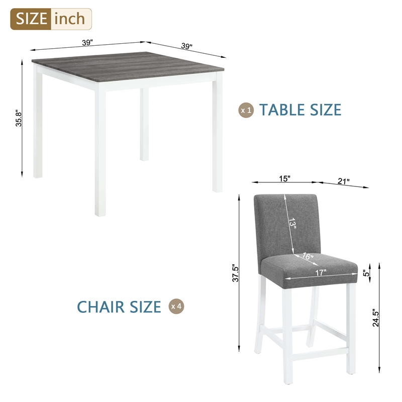 5 Piece Dining Table Set with 4 Upholstered Chairs Grey White Rubber Wood