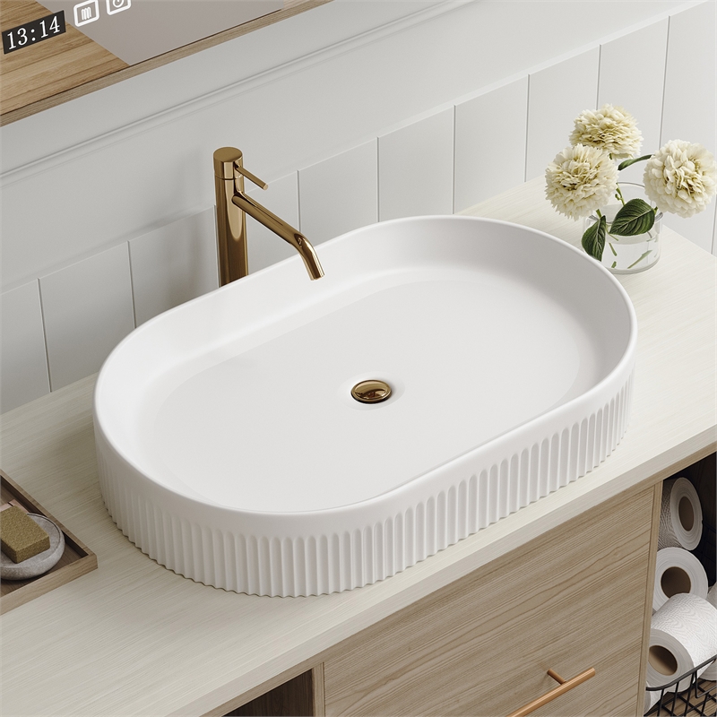 22.8  White Ceramic Oval Vessel Sink with Pop-Up Drain  Striped Design