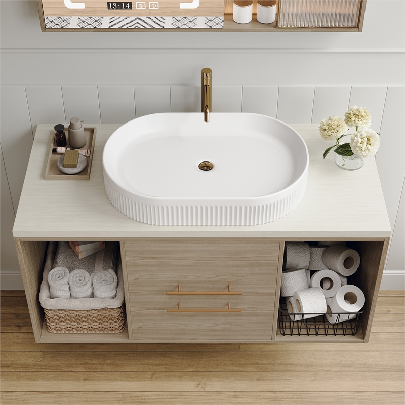 22.8  White Ceramic Oval Vessel Sink with Pop-Up Drain  Striped Design