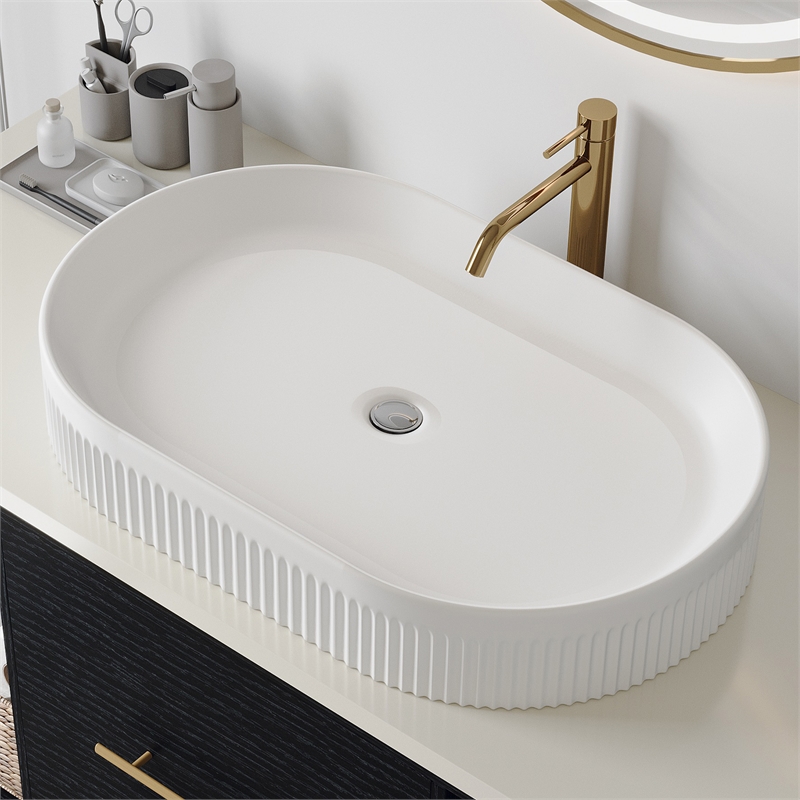 22.8  White Ceramic Oval Vessel Sink with Pop-Up Drain  Striped Design