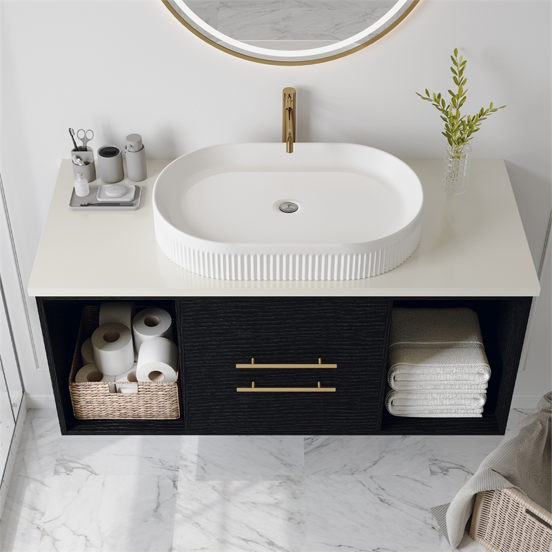 22.8  White Ceramic Oval Vessel Sink with Pop-Up Drain  Striped Design