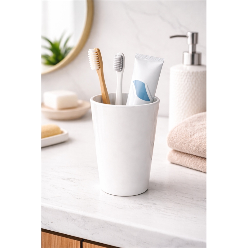 White Resin Bathroom Tumbler Cup  Toothbrush Holder for Vanity Decor