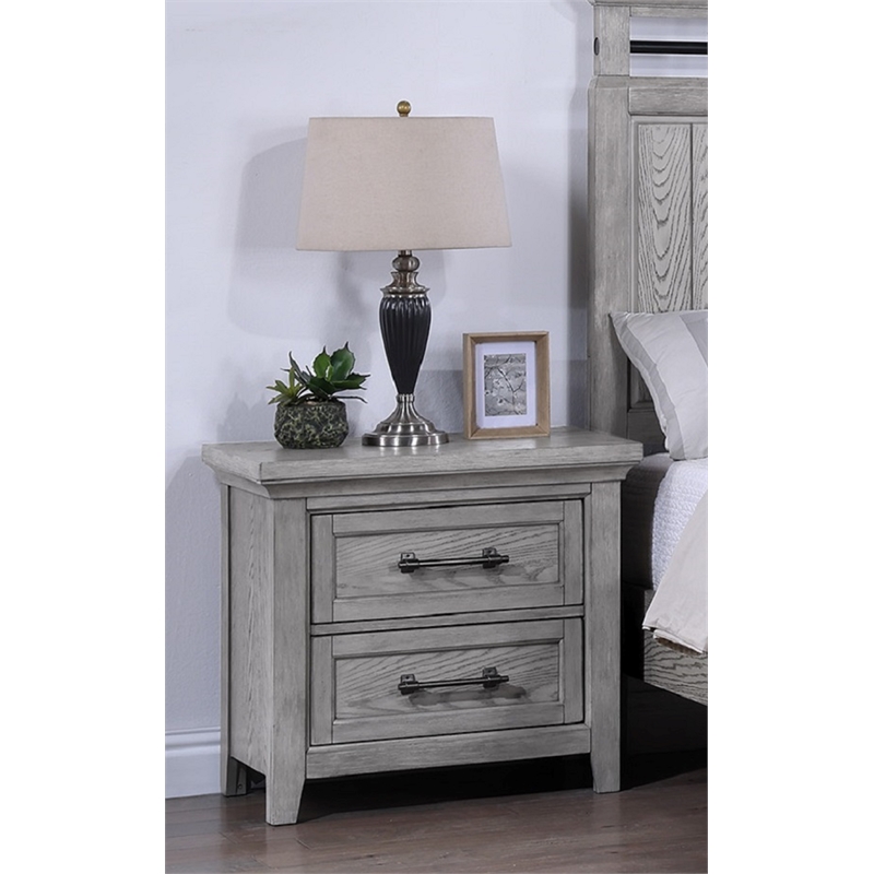 Grey Contemporary Rustic 2-Drawer Nightstand Solid Wood Bedroom Furniture