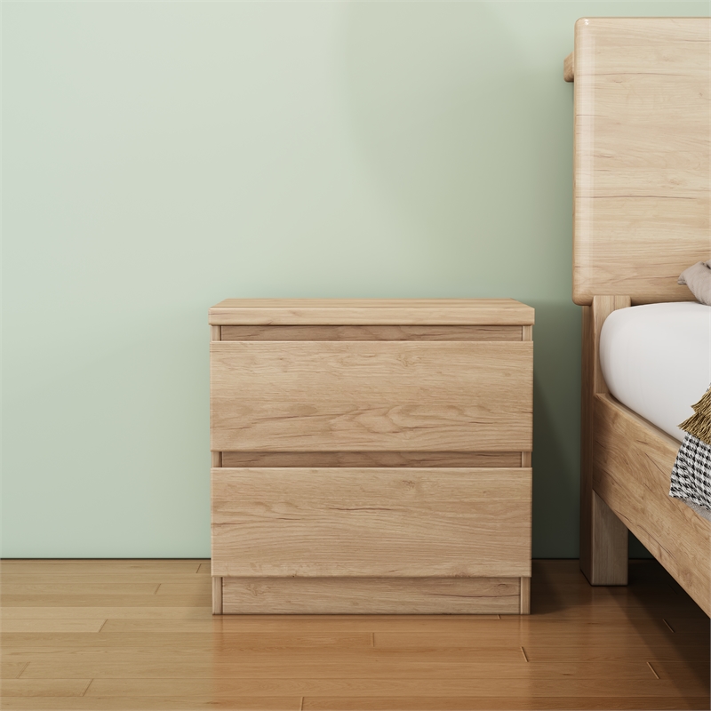 19.7-Inch Natural Solid Wood Nightstand 2-Drawer Bedside Storage Table