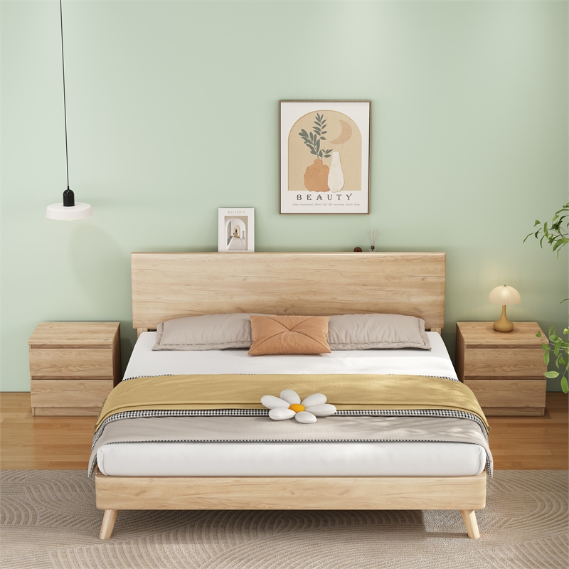 19.7-Inch Natural Solid Wood Nightstand 2-Drawer Bedside Storage Table