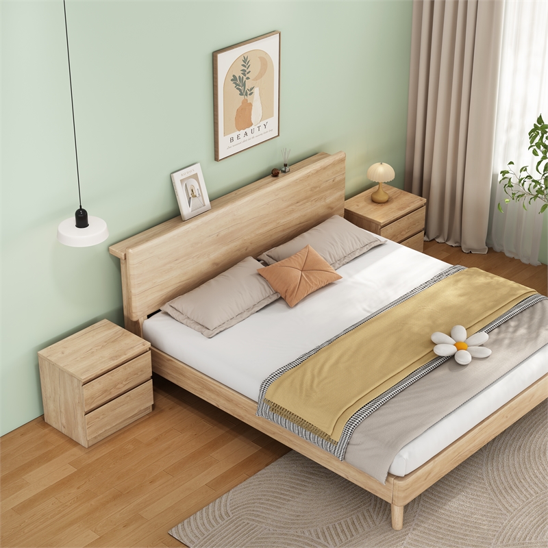 19.7-Inch Natural Solid Wood Nightstand 2-Drawer Bedside Storage Table