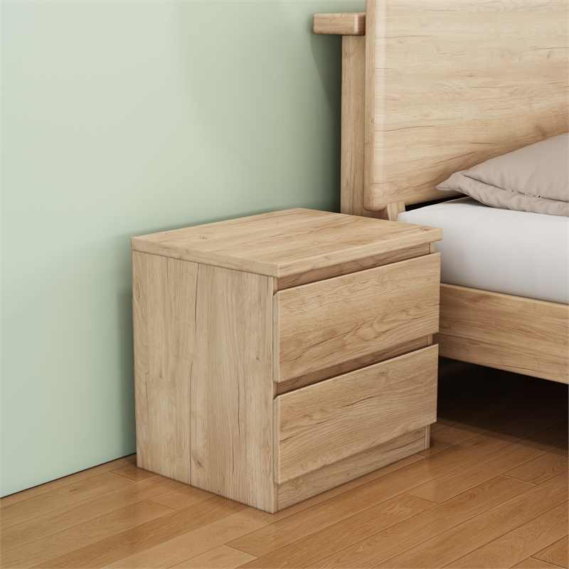 19.7-Inch Natural Solid Wood Nightstand 2-Drawer Bedside Storage Table