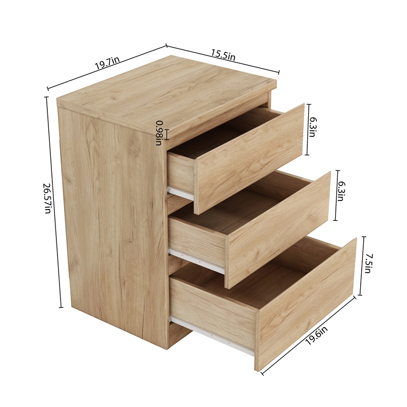 19.7 Inch Natural 3 Drawer Solid Wood Nightstand Bedside Table