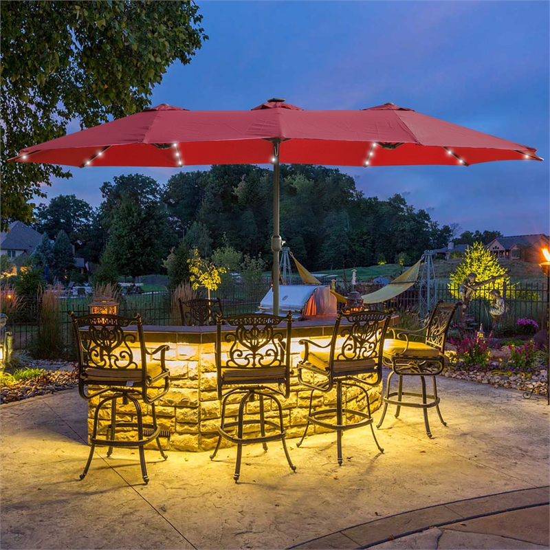15 x 9ft Red Metal Double-Sided Patio Umbrella with 48 LED Lights  Base