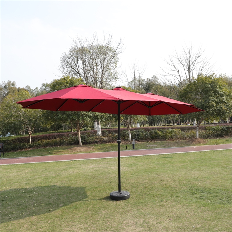 15 x 9ft Red Metal Double-Sided Patio Umbrella with 48 LED Lights  Base