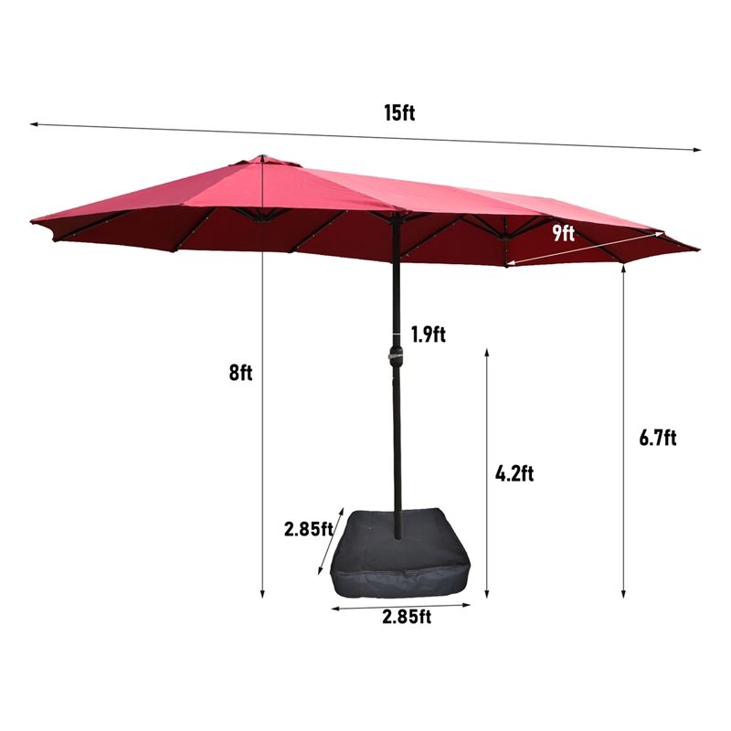 15 x 9ft Red Metal Double-Sided Patio Umbrella with 48 LED Lights  Base