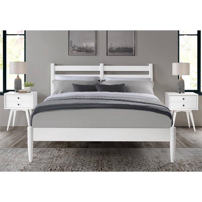 Camaflexi Mid-Century Solid Wood Slat Queen Bed in White