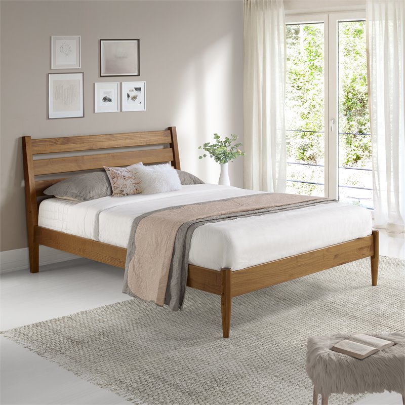Camaflexi Mid-Century Solid Wood Queen Platform Bed in Castanho Brown