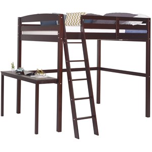 Camaflexi Tribeca Solid Pine Wood High Loft Bed Twin with Desk in Cappuccino