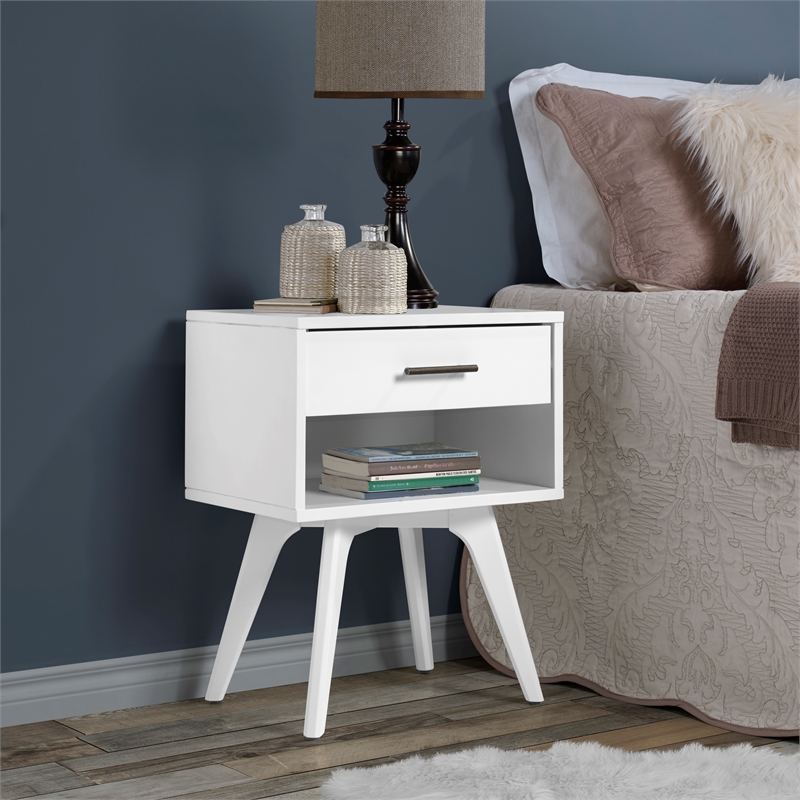 Mid Century Modern One Drawer Nightstand - White Finish