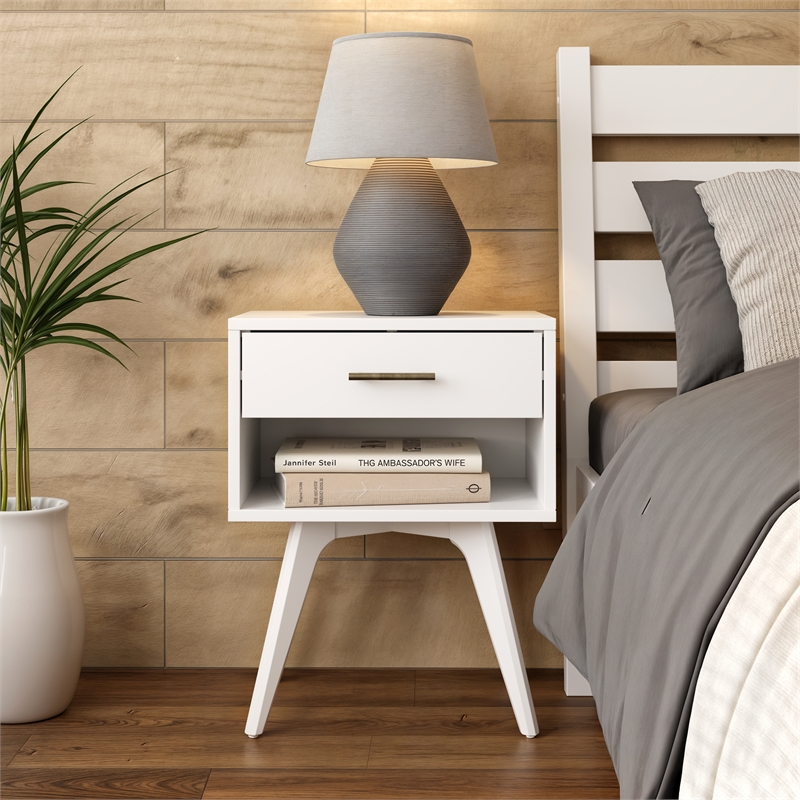 Mid Century Modern One Drawer Nightstand - White Finish