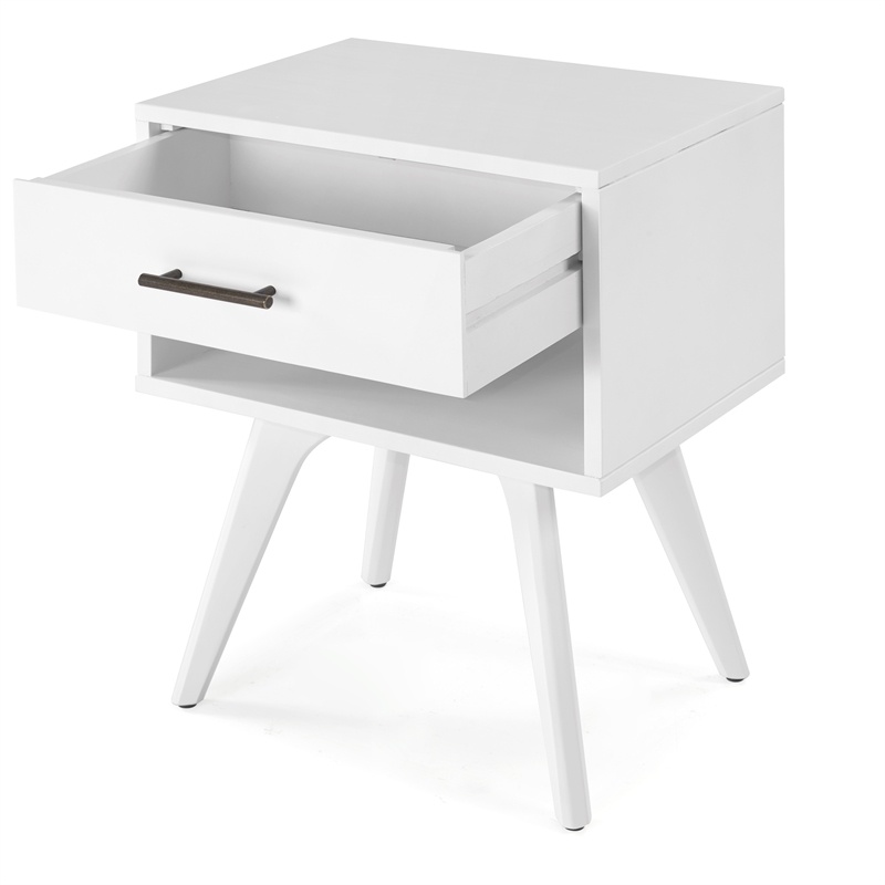 Mid Century Modern One Drawer Nightstand - White Finish