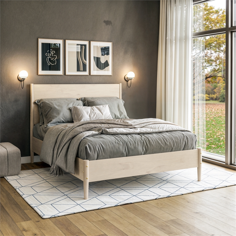Mid Century Platform Bed Queen Size - Light Oak Finish