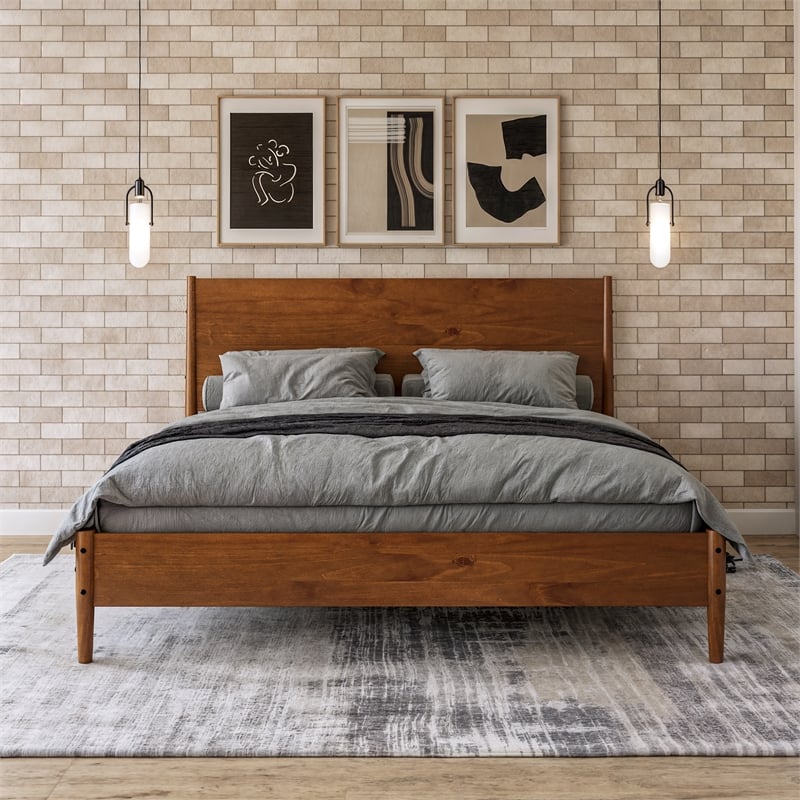 Mid Century Platform Bed King Size - Dark Pecan Finish