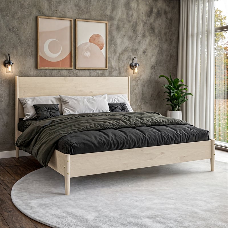 Mid Century Platform Bed King Size - Light Oak Finish