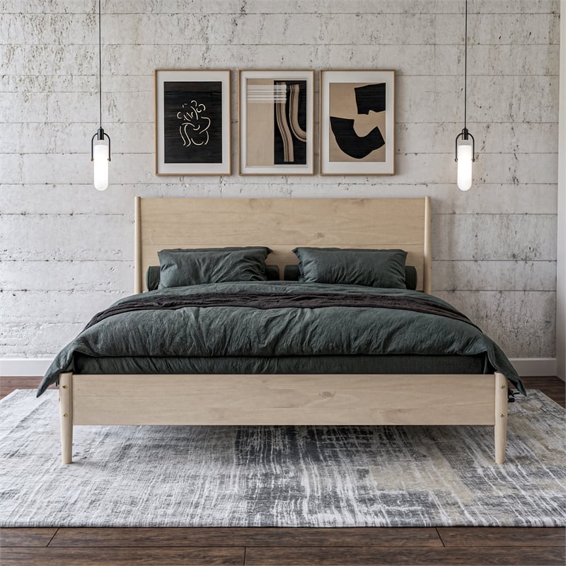Mid Century Platform Bed King Size - Light Oak Finish