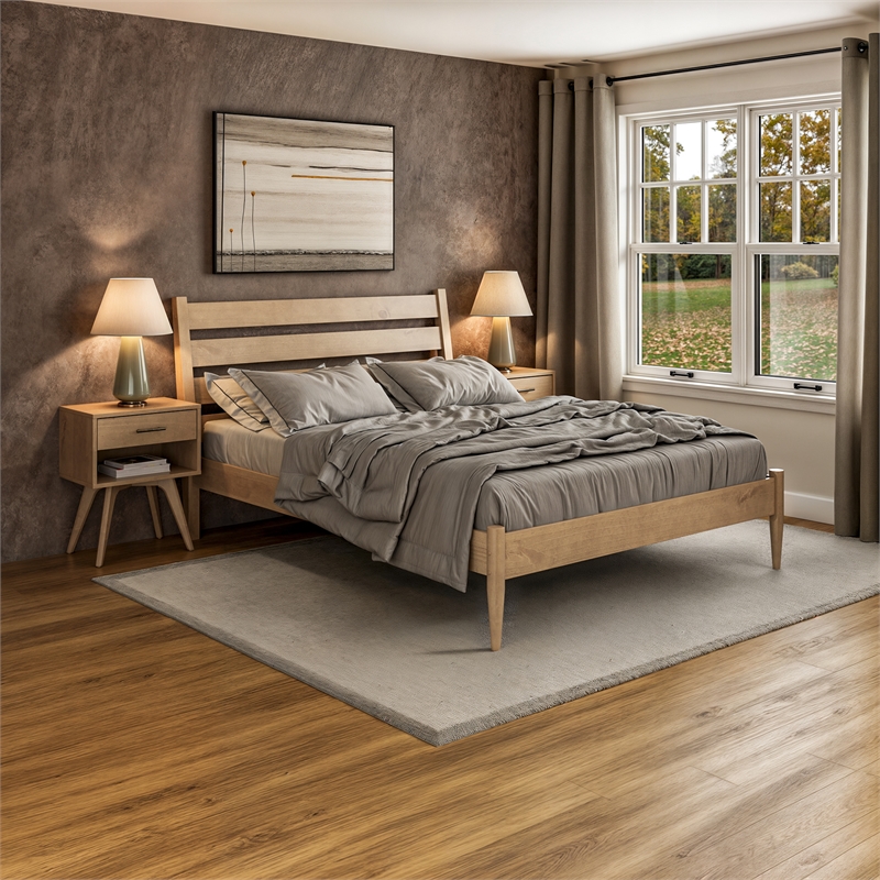 Mid-Century Modern Platform Bed - Light Oak Finish