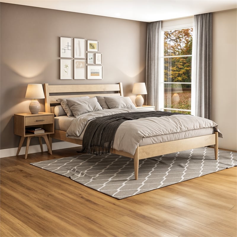 Mid-Century Modern Platform Bed - Light Oak Finish