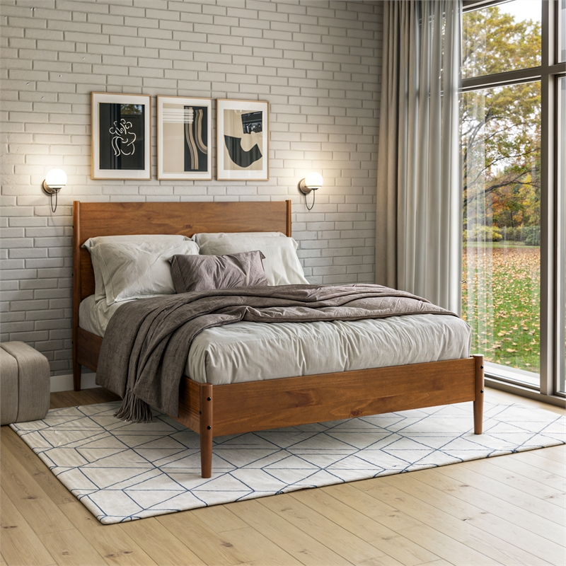 Mid Century Platform Bed Queen Size - Dark Pecan Finish