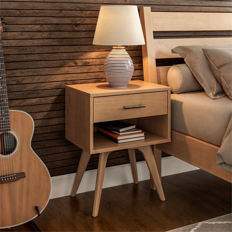 Camaflexi Mid-Century Modern Soild Wood 1-Drawer Nightstand in Light Oak