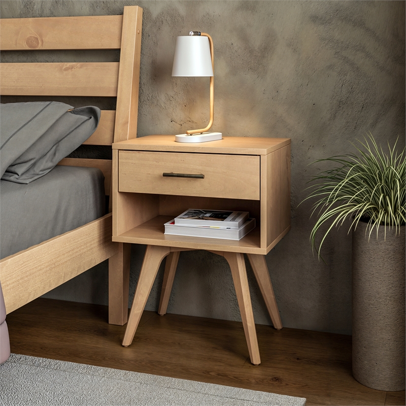 Camaflexi Mid-Century Modern Soild Wood 1-Drawer Nightstand in Light Oak