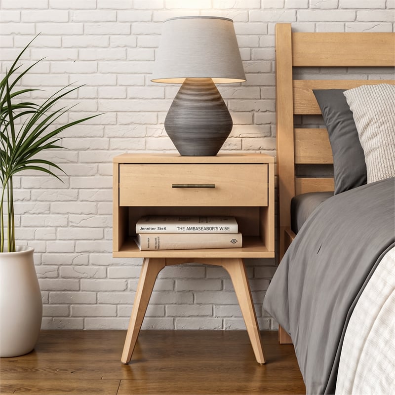 Camaflexi Mid-Century Modern Soild Wood 1-Drawer Nightstand in Light Oak