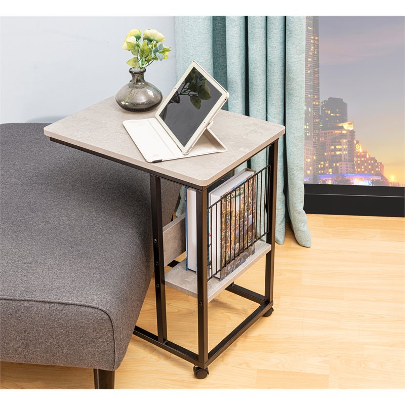 JJS Modern Wood End C Table with Magazine Holder in Cement/Black