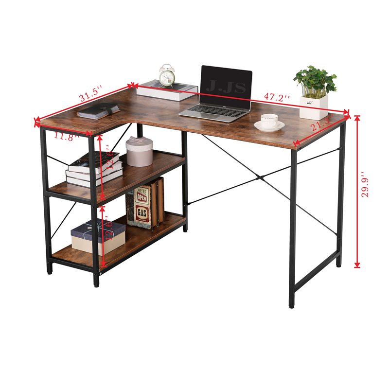 JJS Wood Corner Writing/Computer Desk with Build-in Bookcase in Rustic Brown