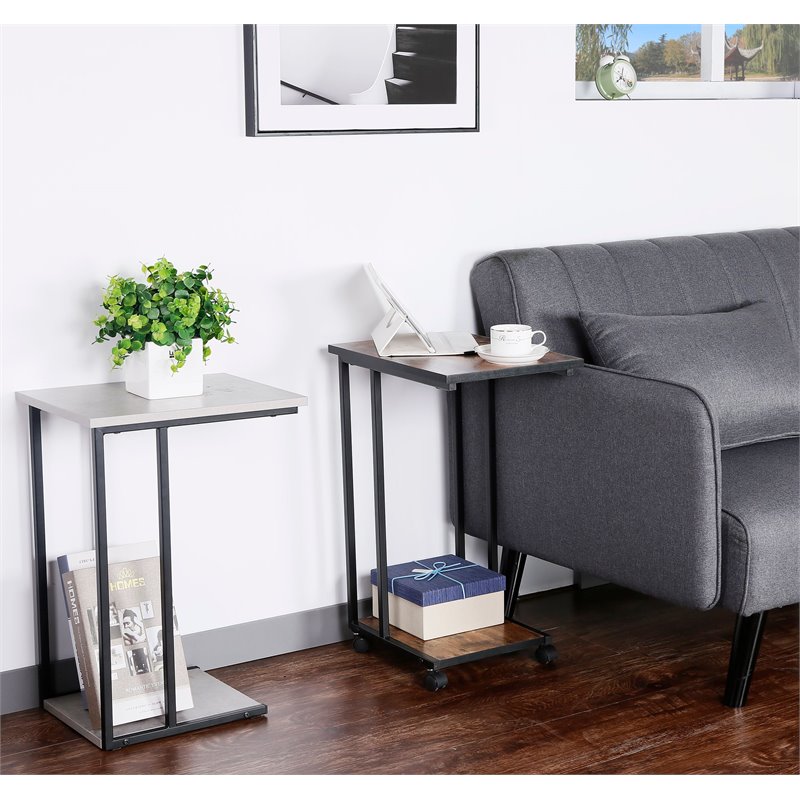 JJS Modern Wood & Metal End C Table for Small Spaces in Cement/Black