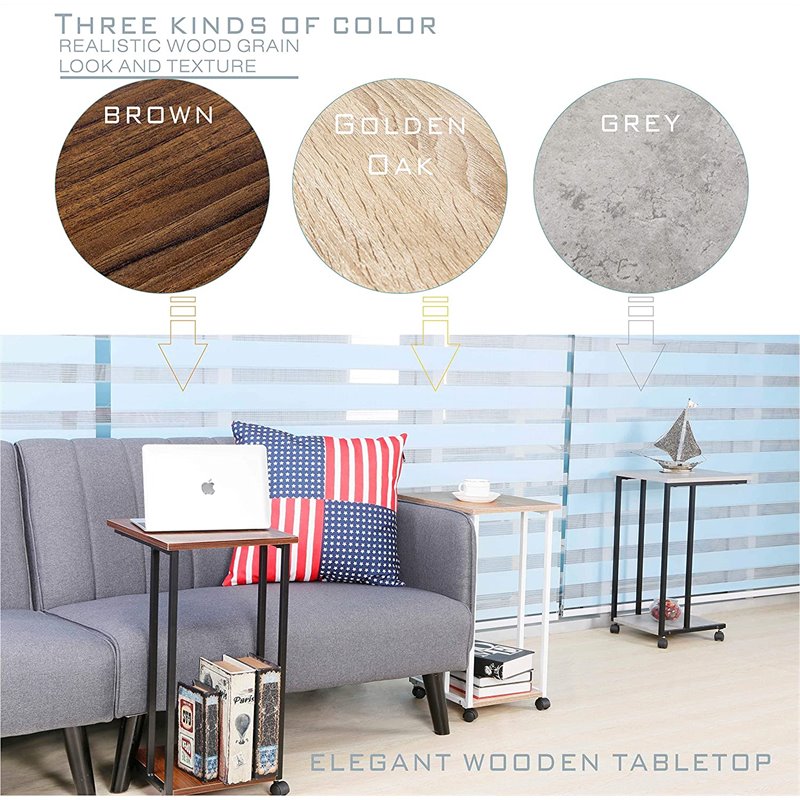 JJS Modern Wood & Metal End C Table for Small Spaces in Cement/Black