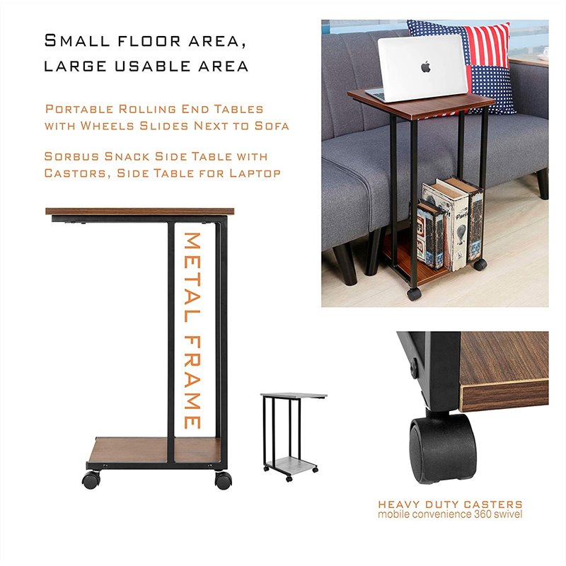 JJS Modern Wood & Metal End C Table for Small Spaces in Cement/Black