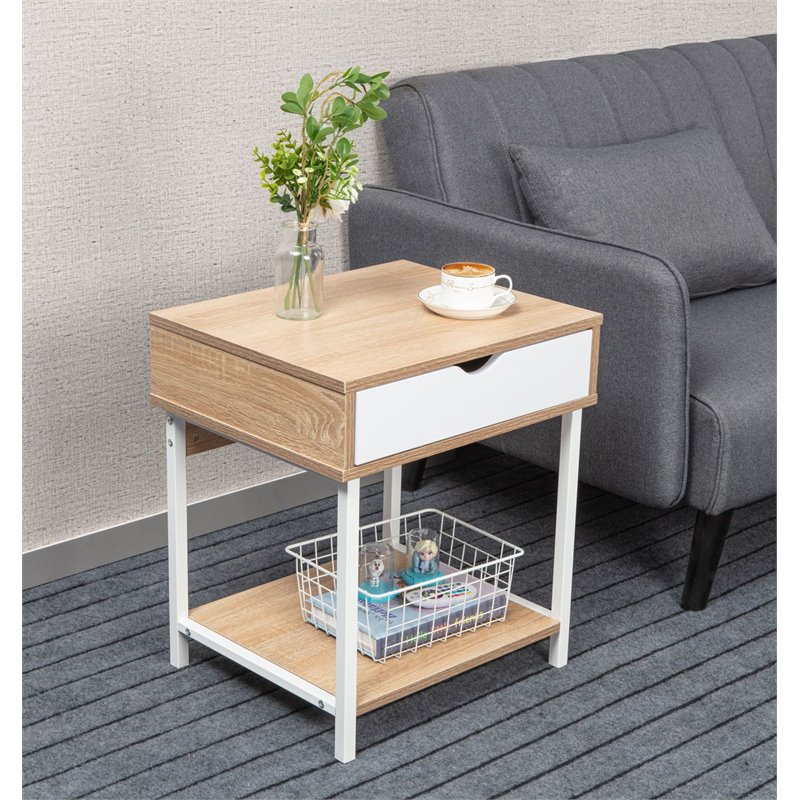 JJS Modern Wood End Table with Drawer and Storage Shelves in Oak/White